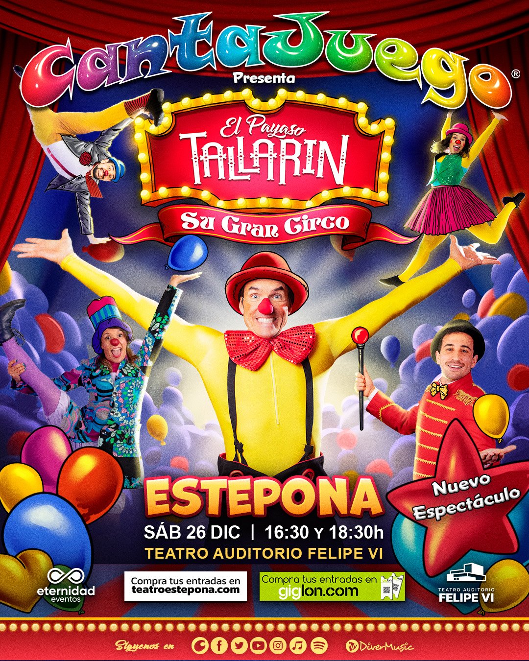 Cartel del Espectáculo de Cantajuego presenta El Payaso Tallarín en Auditorio Felipe VI, Estepona
